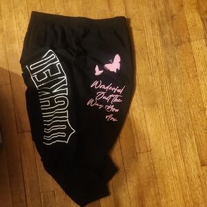 Hybrid Apparel Black Joggers with Pink Butterfly Print